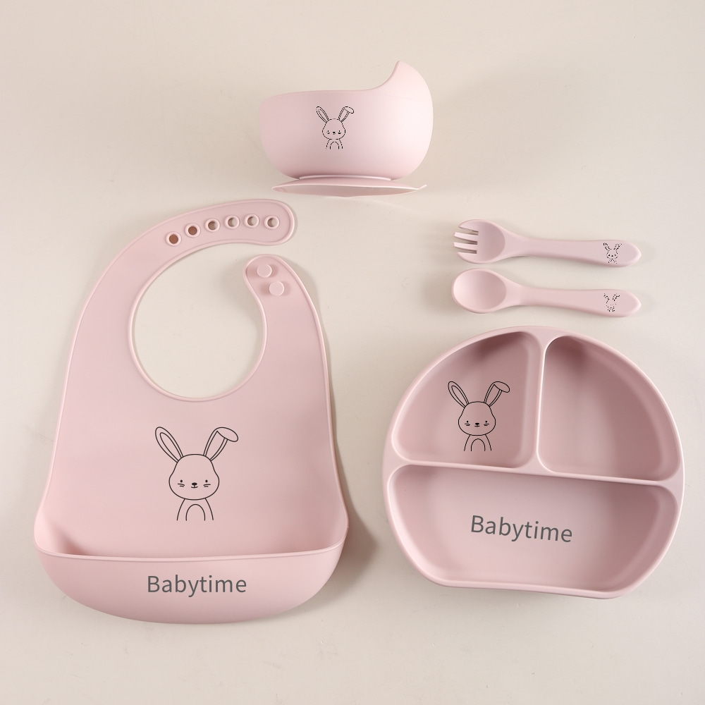 Baby Food Weaning - 5-teiliges Häschen-Baby-Utensilien-Set, Entwöhnungsset aus lebensmittelechtem Silikon