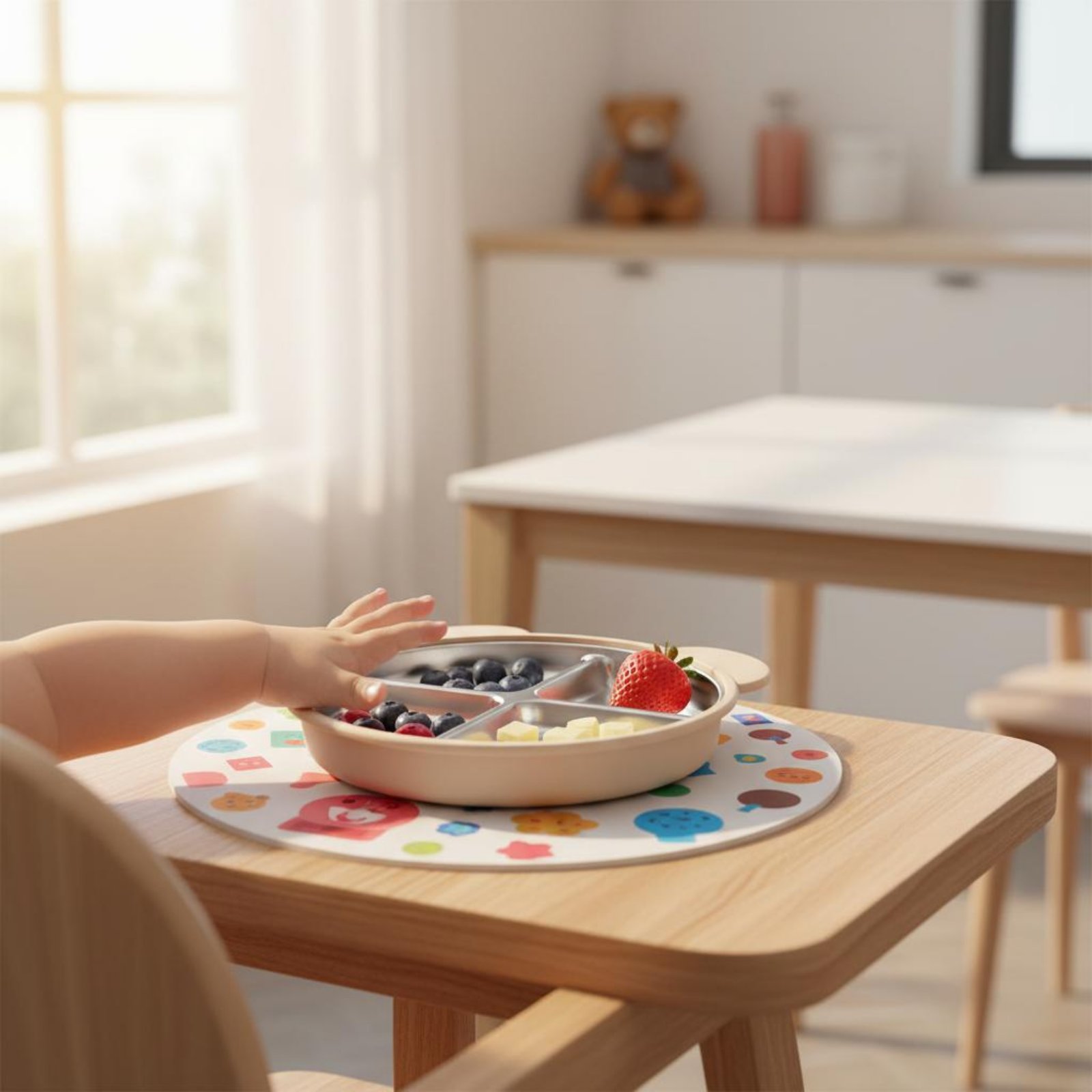 Baby Food Chair - Edelstahl-Saugplatte, kippsicher, 3-Fächer-Fütterungsplatte, lebensmittelechtes Silikon, abnehmbares